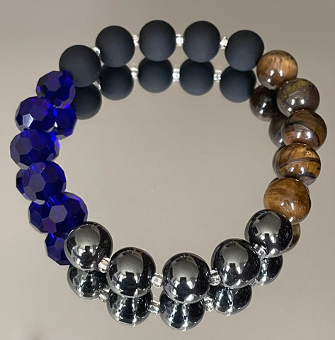 Beaded blue/black lava/hematite/tigereye bracelet